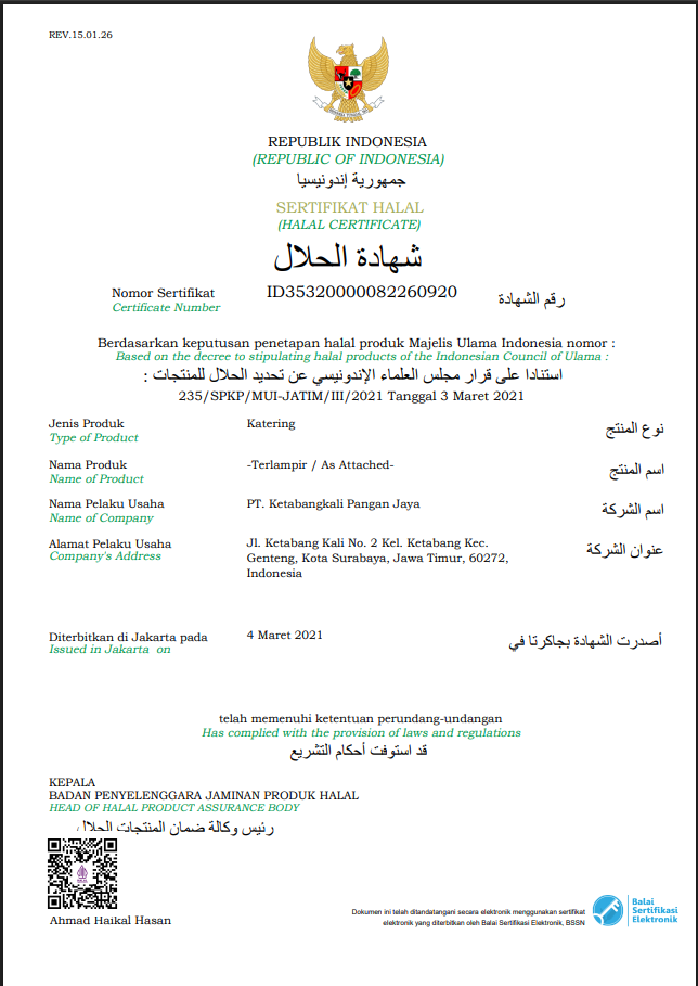 Sertifikat Halal PT. Ketabangkali Pangan Jaya